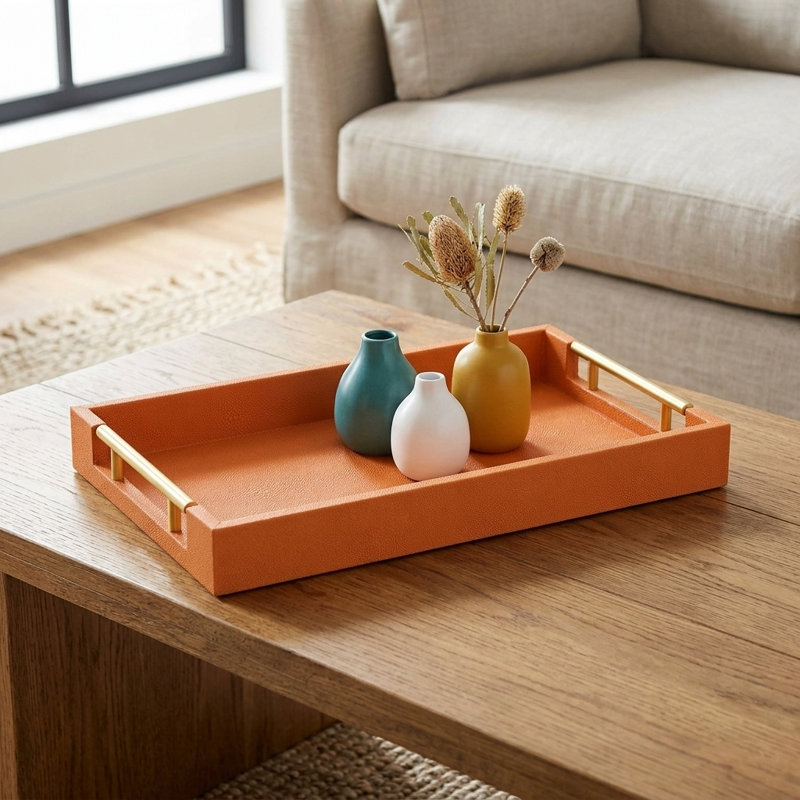 Plateau de service rectangulaire en faux chagrin fini à la main Baidy, Orange