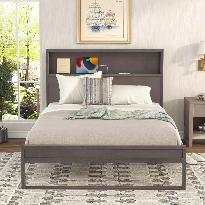 Platform Bed with Storage Headboard,Sockets and USB Ports,Storage Bed,Bed Frame, Antique Gray, Full