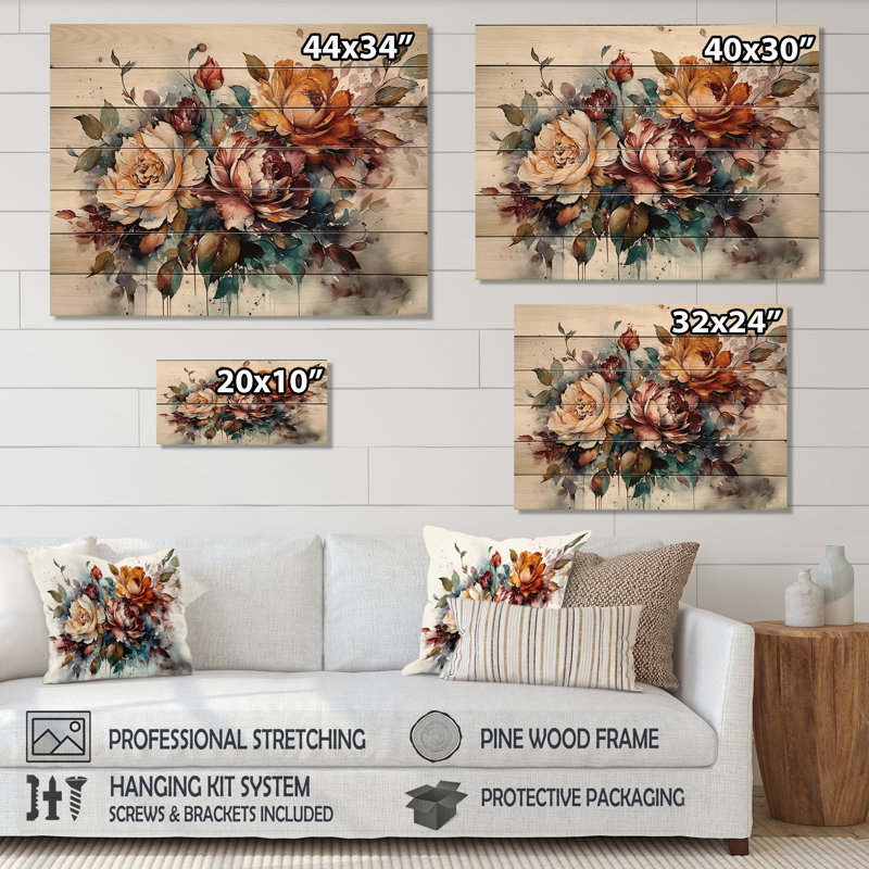 Blooming Vintage Flowers I - Unframed Print on Wood, 10'' H x 20'' W x 0.78'' D