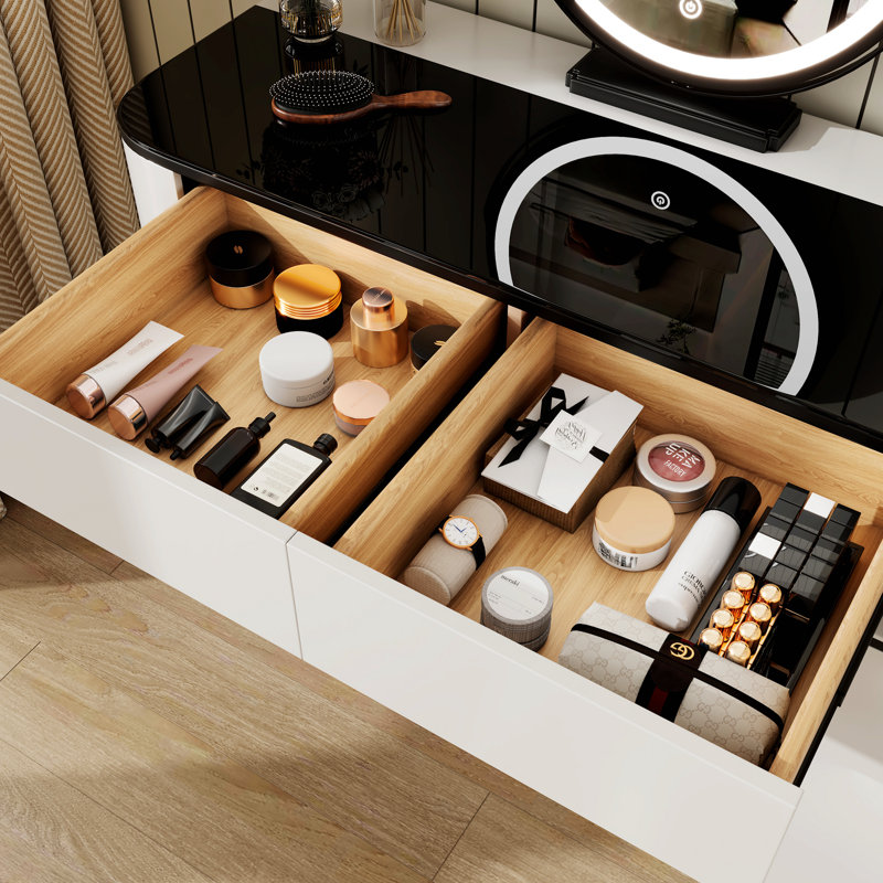 Modern Vanity Table With Tempered Glass Top, Adjustable Height Legs, And Round Mirror