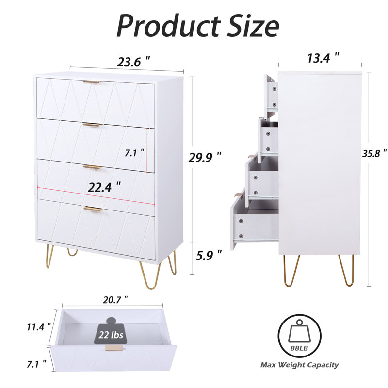 Marable 4 Drawer 23.6" W Chest, White