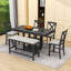 Ensemble de table de salle à manger extensible 6 pièces avec rallonge amovible, tablettes de rangement, chaises rembourrées et banc-1360830584