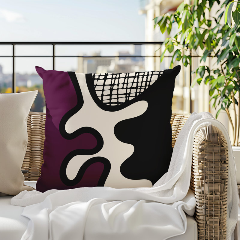 Oreiller carré réversible intérieur / extérieur Vido, H 15 po x l 15 po, Mauve / noir / blanc cassé abstrait