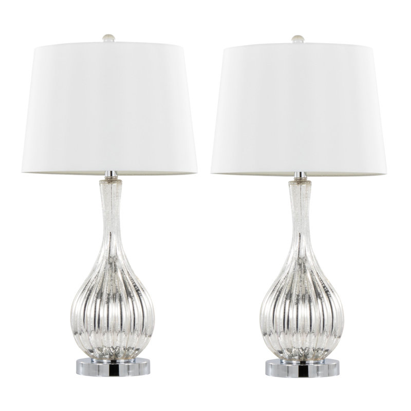 Lampe de table contemporaine, Verre, lin, métal, Chrome, argent, blanc, H 27 po x l 14 po x P 14 po
