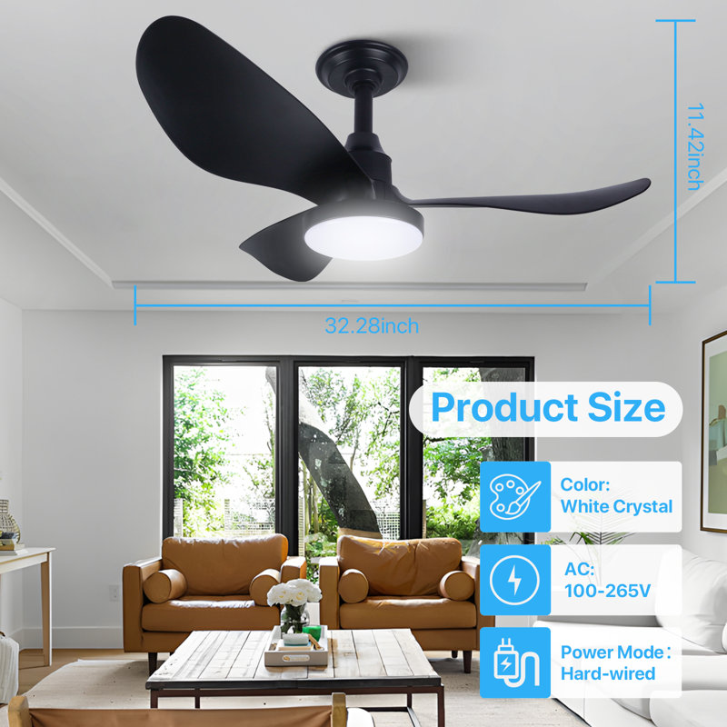 32'' 3 - Blade Large Indooor Ceiling Fan With Light Kit and Remote, 3 LED Colours, 6 Speed Noiseless DC Motor, Timer