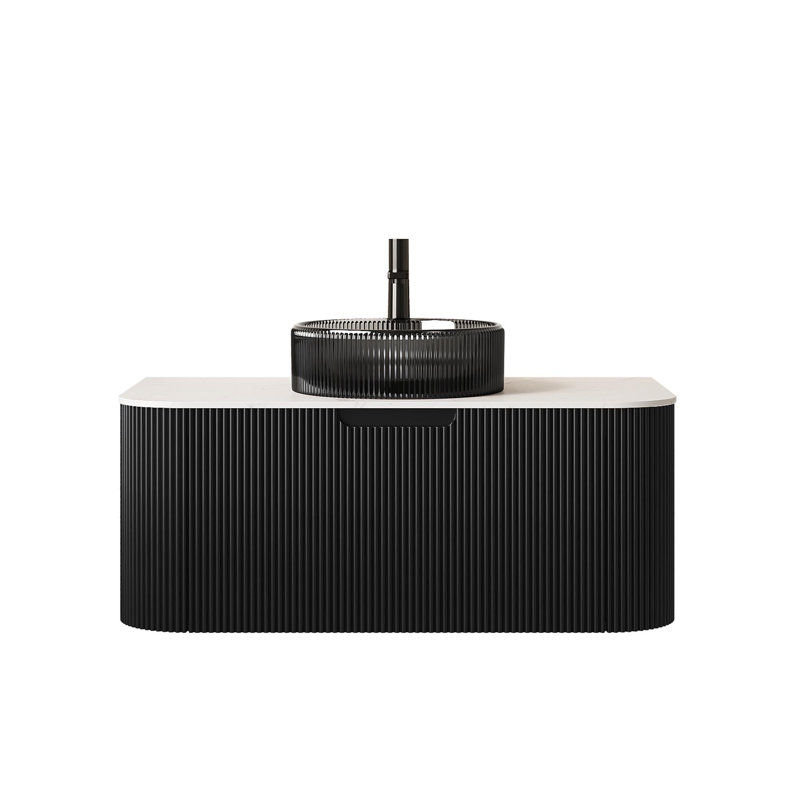 Meuble-lavabo mural avec lavabo, armoire de rangement rayée à bords courbés avec tiroirs, Noir / blanc, 36"