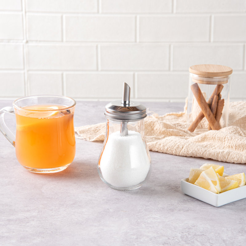 Distributeur en verre de 6 onces avec couvercle, 1 distributeur de sucre à finition transparente - approuvé par la FDA, lavable à la vaisselle, verseur à sauce en verre transparent, remplissable, bec verseur