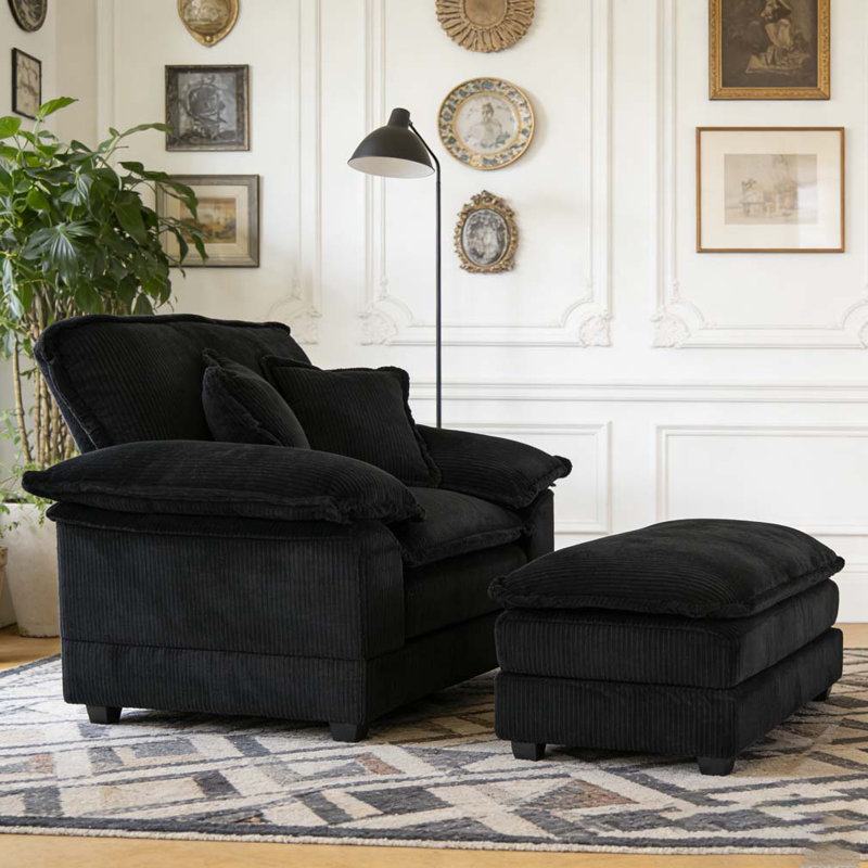 Canapé simple en velours côtelé 56,3 pouces avec 2 coussins décoratifs et un repose-pieds, Chenille noir