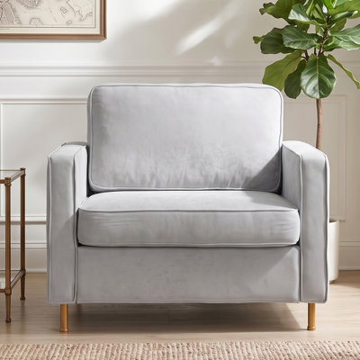 Canapé simple rembourré en chenille de 42,1 po avec accoudoirs carrés, dossier rembourré et pieds en fer jaune pour salon, chambre à coucher et coin lecture, gris clair