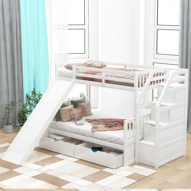Lit simple superposé au dessus d'un lit double avec tiroirs, rangement et glissade, White