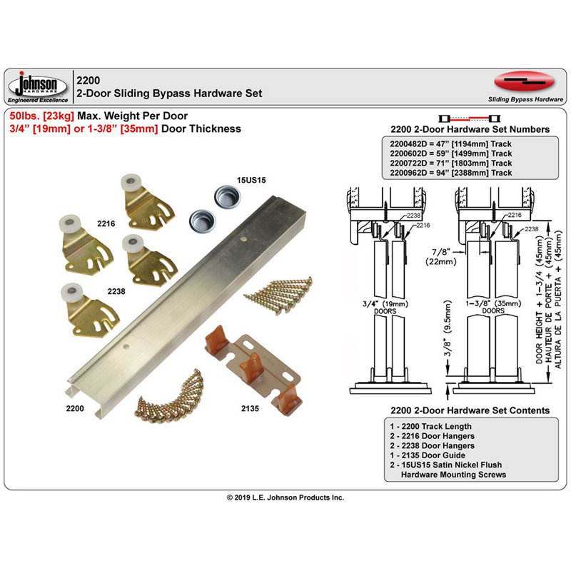 Aluminum Double Door Barn Door Hardware Kit Single Bypass, 59 in.