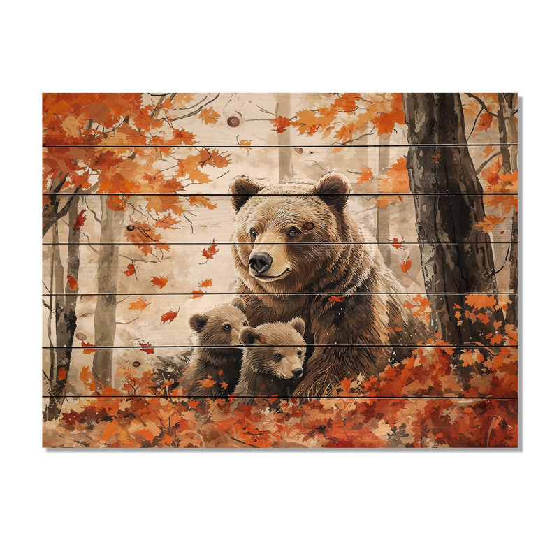 Mère ours avec des oursons en automne II - Art mural en bois d'ours - sur bois de pin naturel, H 34 po x l 44 po x P 0,78 po