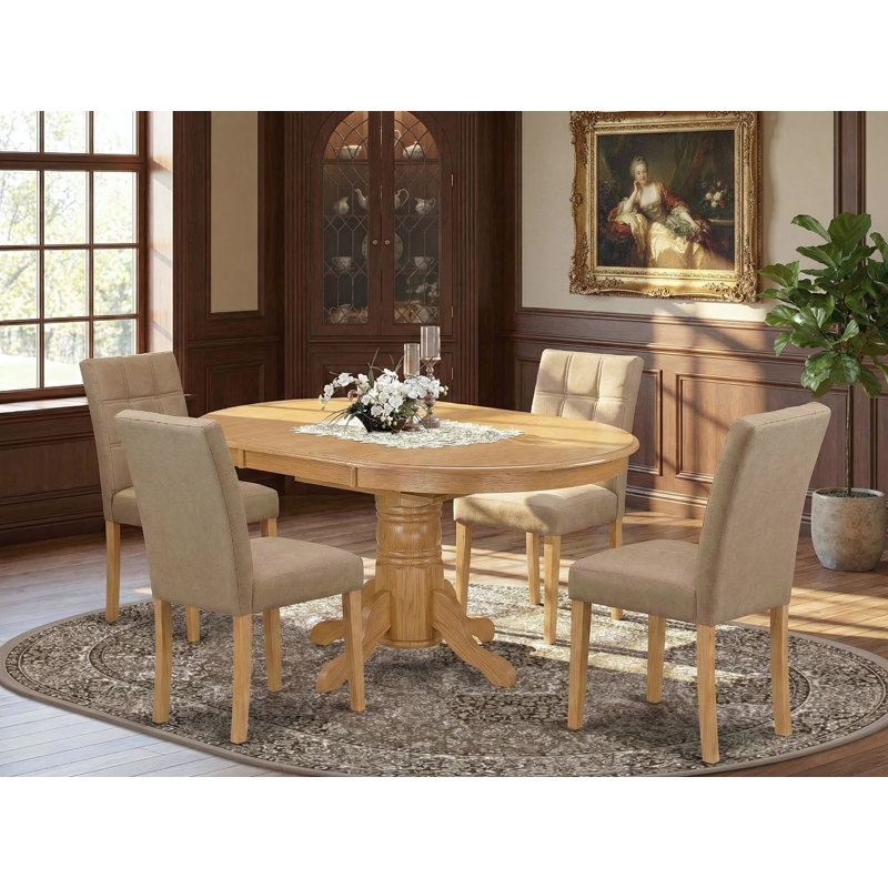5 Piece Mid Century Modern Dining Set contain A Dinner Table and 4 Brown Textured Polyester Fabric Upholstered Chairs, Oak