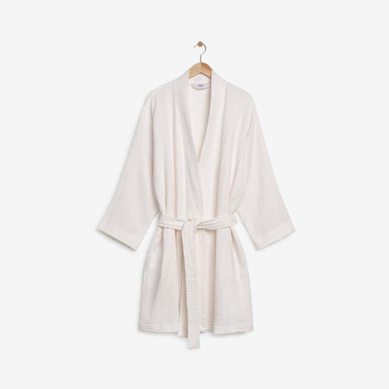 Traub 100% Cotton Mid-Calf Bathrobe, Off-White, M