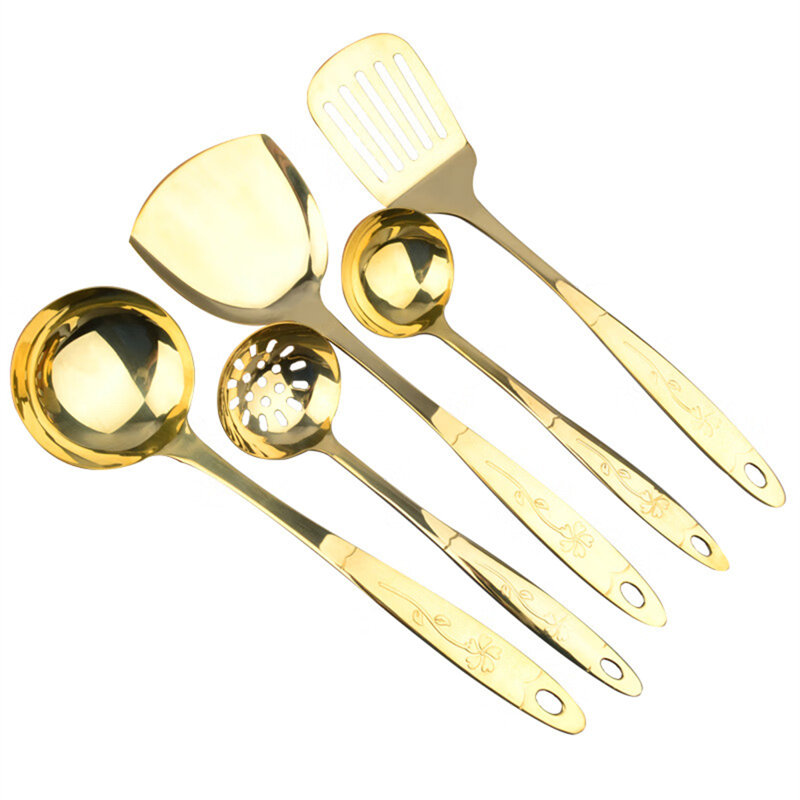 Ensemble d'ustensiles Wok en laiton massif - Grande spatule Wok, louche, crépine et tourneur rainuré pour la cuisson