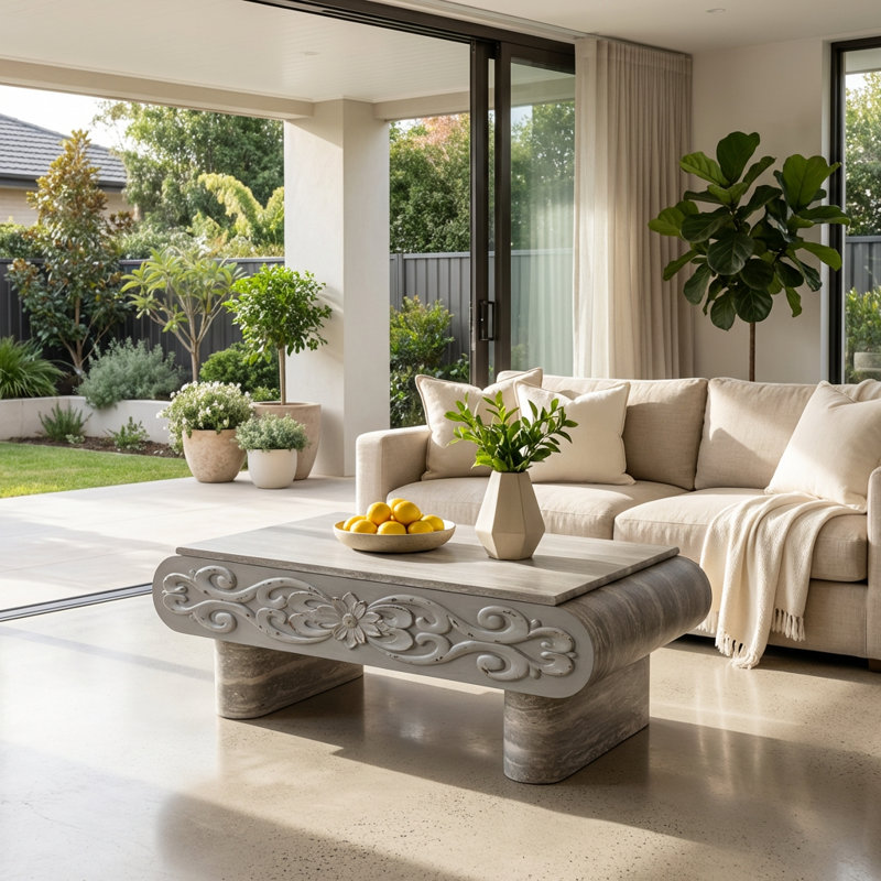 Table basse à plateau relevable moderne avec surface extensible et compartiments de rangement cachés, avec une finition chaleureuse et des pieds courbés