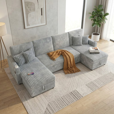 Très grand canapé-lit modulaire en velours côtelé en forme de U de 110,6 po avec lit escamotable et méridienne de rangement