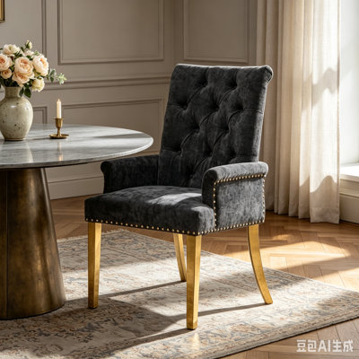 Fauteuil de salle à manger d'appoint élégant, recouvert de tissu chenille, avec pieds en bois massif courbé ou en acier. Disponible à l'unité ou en ensemble de 2, coloris beige, noir, vert olive, bleu et gris.