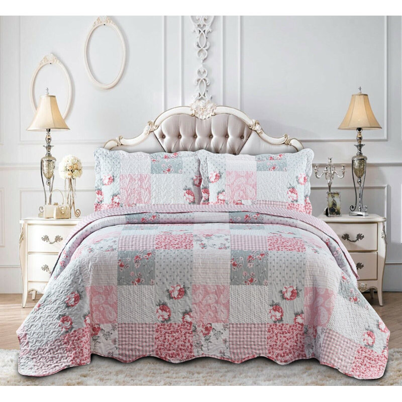 Poulsen Polyester No Pattern Bedspread with Pillow Shams, Floral Grey, King