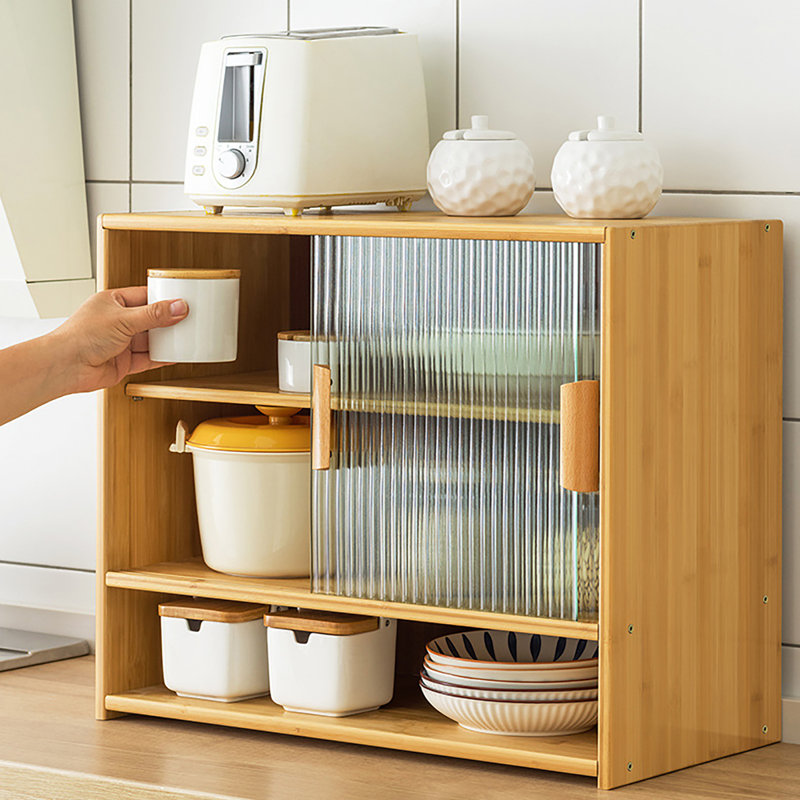 Small Bamboo Kitchen Cabinet, 3-Tier Sliding Door Pantry Sideboard with Adjustable Shelf, Natural
