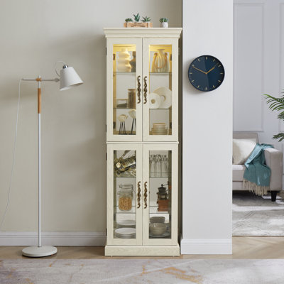 Lighted Glass Curio Display Cabinet,Display Cabinet,Glass Storage Cabinet Glass Wine Cabinet Wood Frame Toy Display For Living Room, Kitchen, Pantry Bulb Included