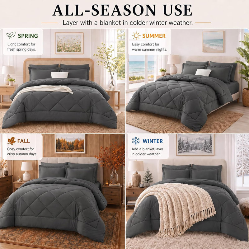 Queen Comforter Set 7-Piece, 88x88 Inch Dark Grey Bed in a Bag Bedding Set, Soft Cozy Comforter with Complete Bedroom Accessories