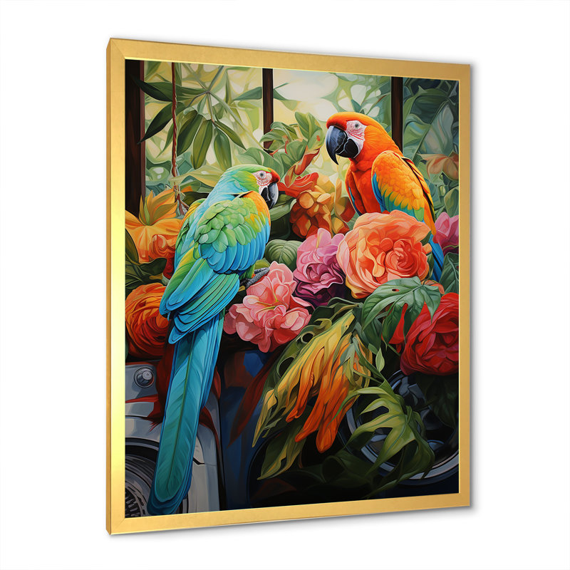 «Blue Parrot Jungle Paradise» - art mural perroquet, Encadrement doré, H 32 po x l 24 po x P 1 po