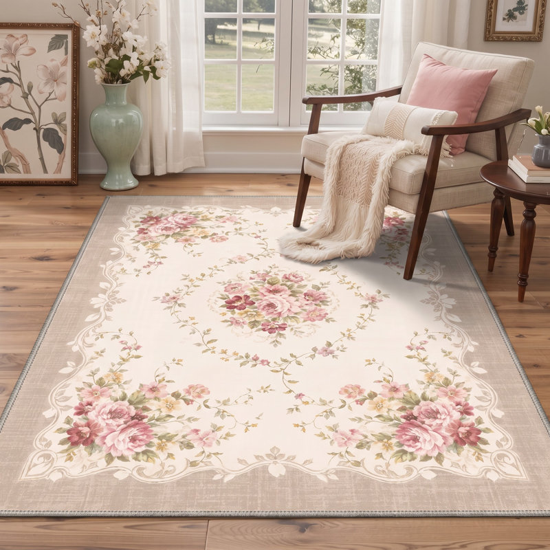 Tapis floral ivoire / rose lavable à la machine avec envers antidérapant, Rectangle 9' x 12'