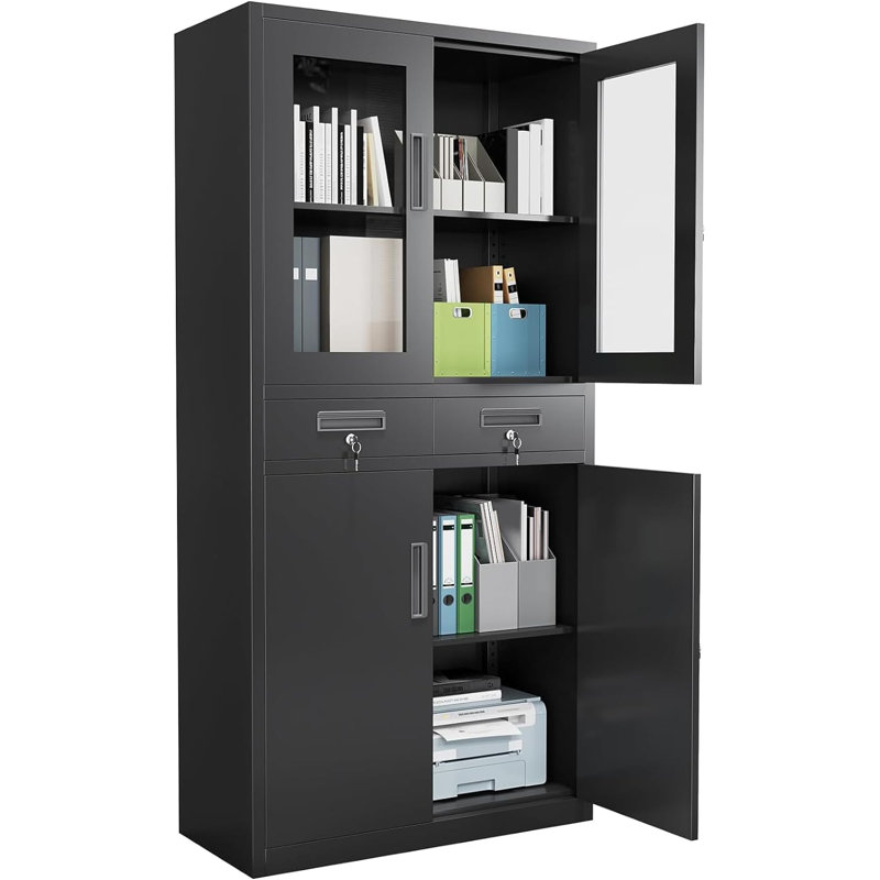 Armoire de rangement en métal avec serrure, armoire de rangement verrouillable avec 2 tiroirs et 2 tablettes réglables, armoire de rangement verrouillable pour la maison, le bureau, l'école et le garage