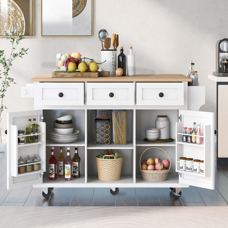 Kitchen Cart With Rubber Wood Drop-Leaf Countertop, Storage Cabinet, 3 Drawers & 5 Wheels, Perfect For Additional Prep Space And Organization