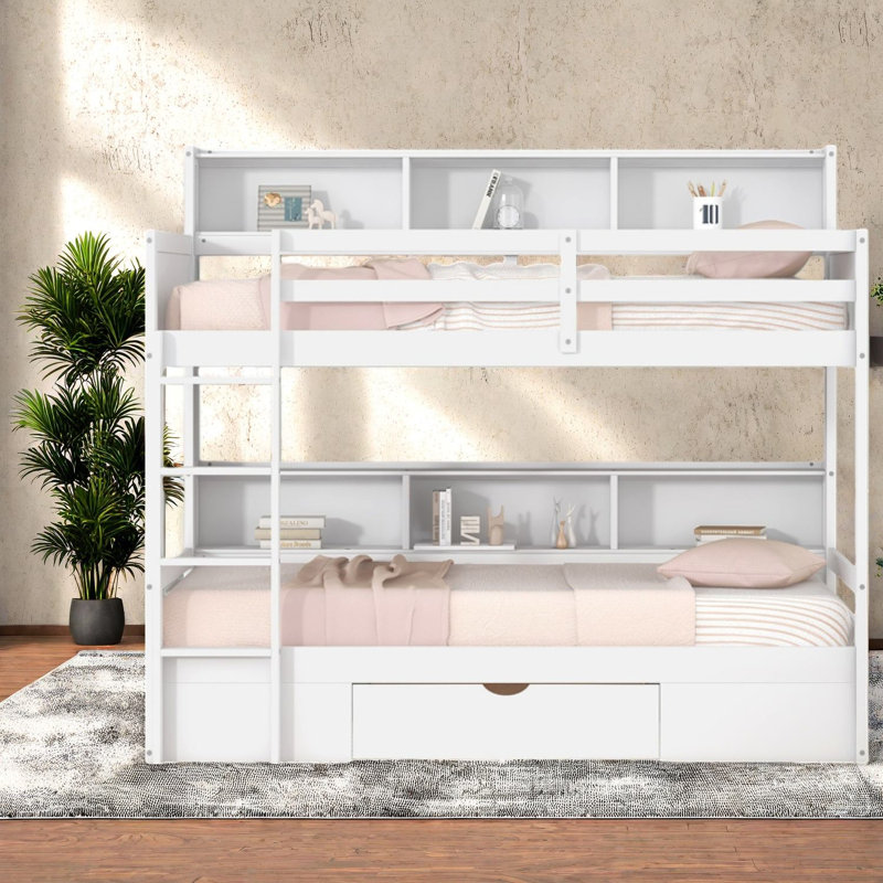 Lit superposé simple avec tablettes intégrées à côté du lit supérieur et inférieur et du tiroir de rangement, blanc