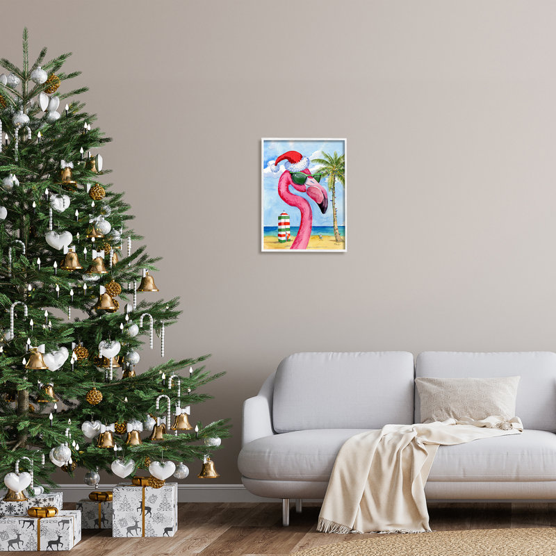Flamant de Noël tropical par Paul Brent, H 20 po x l 16 po x P 1,5 po, Giclée encadrée blanc bord de mer