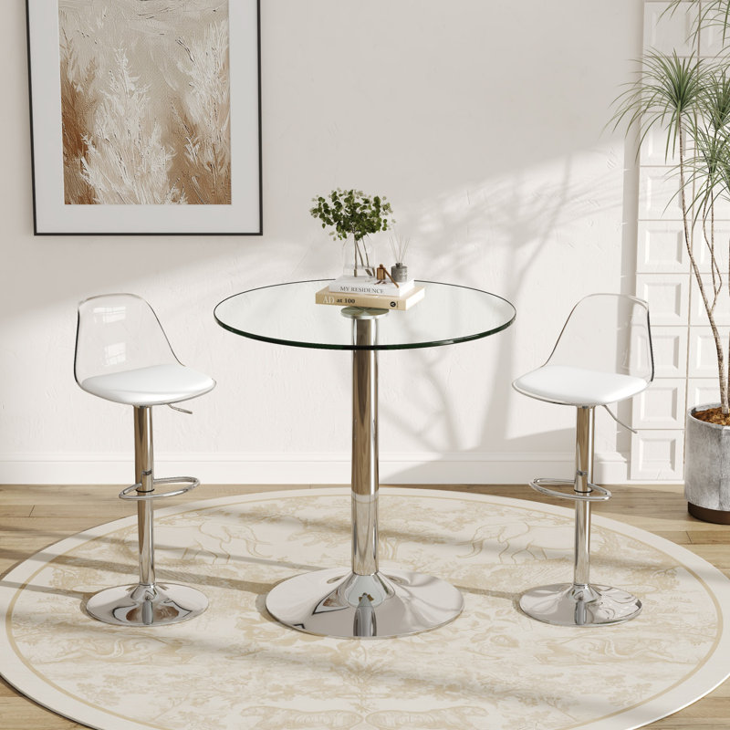 Tempered Glass Round Bar Table Set With Lift And 360° Rotating Chairs, 3 Pieces: Table, 2 Chairs