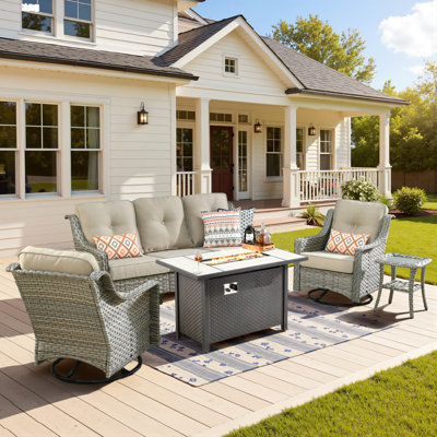Daliya 5 - Person Outdoor Wicker Patio Conversation Furniture Set With Fire Pit Table And Swivel Rocking Chairs