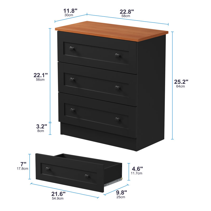 3 Drawer Dresser For Bedroom, Small Chests Of Drawers, Farmhouse Wood Nightstand Bedside Cabinet End Table, Modern Closet Storage Organizer For Bedroom, Black