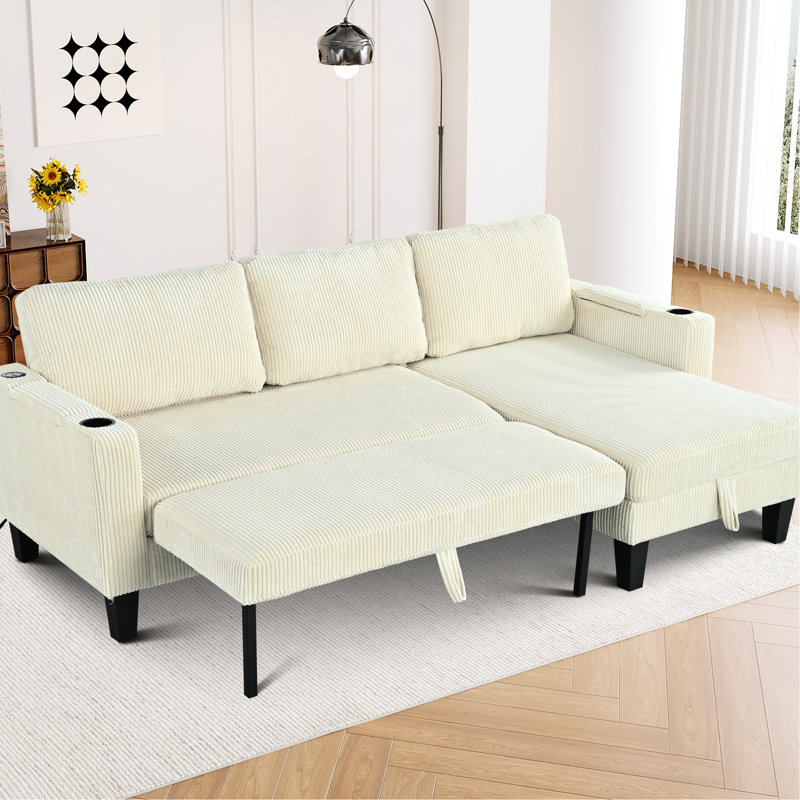 Lit modulaire réversible 3 pièces Modern Corduroy avec méridienne de rangement, ports de chargement intégrés, rangements pour accoudoirs et porte-gobelets pour salon, chambre à coucher, appartement - beige, 81,65 po de profondeur, 34,24 po