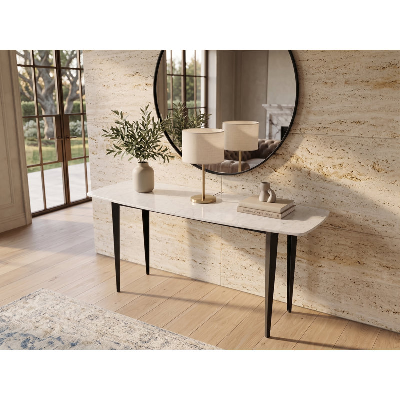 Console en marbre Carrara de 53 po x 18 po avec pieds en fer Milano