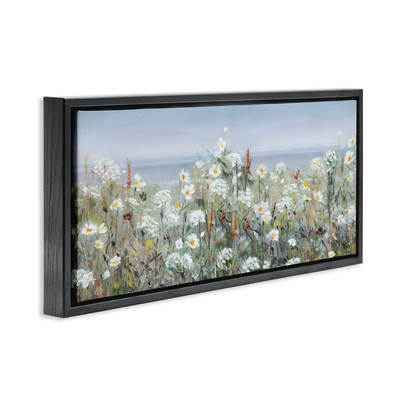 Champ de fleurs et mer au-delà, Cadre flottant noir de jais, H 11 po x l 25 po