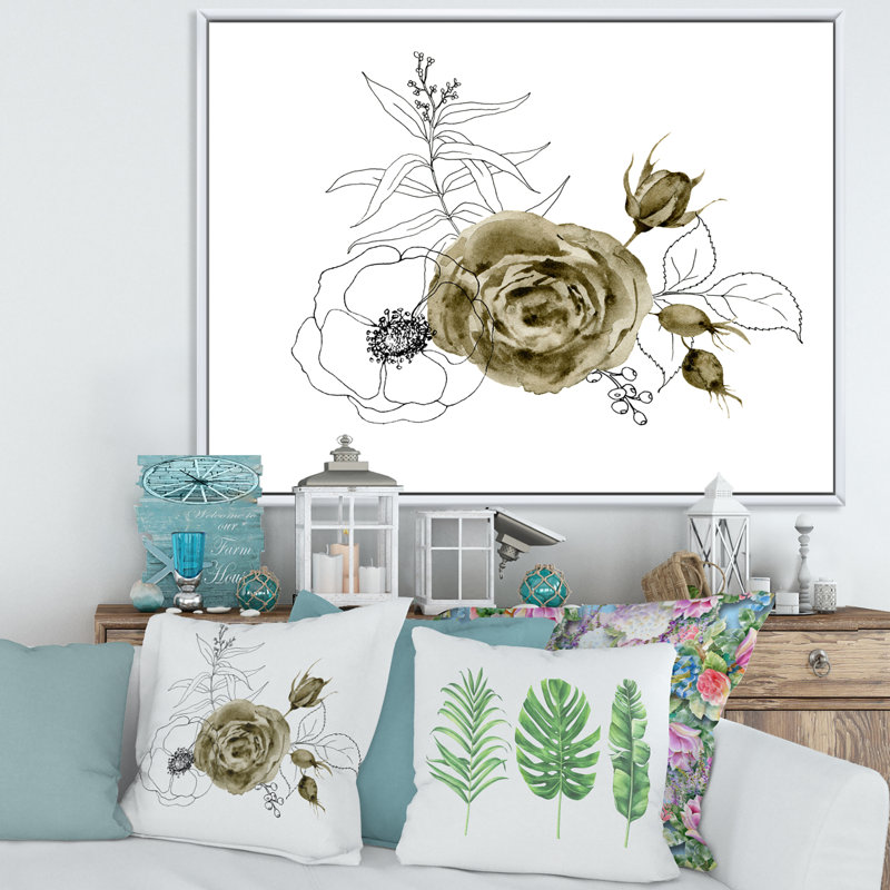 Anemone Bouquet Flower With Eucalyptus Branches I - Painting on Canvas, 12" H x 20" W x 1" D, White Framed