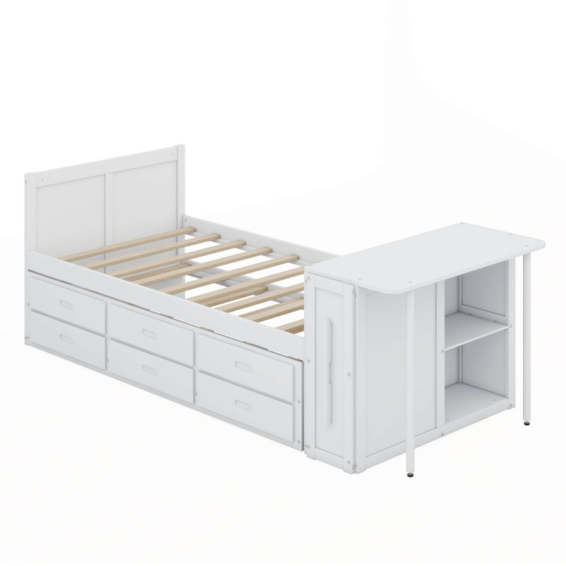 Lit plateforme simple avec bureau, tablette de rangement, 3 tiroirs, cadre de lit multifonctionnel en bois avec lit gigogne