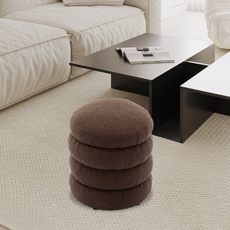 Hasset Round Footstool Ottoman, Soft  Round Ottoman, Footrest Stool, Brown Boucle