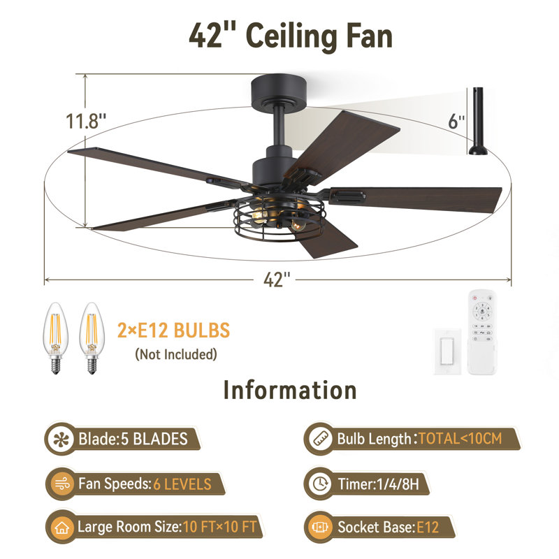 Cissline 2-Pack 42" Unique Rustic Farmhouse Black Ceiling Fan with Light for Bedroom, 42"