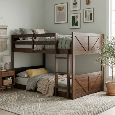 Rustic Farmhouse Twin Over Twin Bunk Bed With Barn Door Inspired Panels, Solid Rubberwood Low Bunk Bed Frame, Space-Saving Compact Design With Safety Guardrail And Angled Ladder, No Box Spring Needed, Espresso Finish