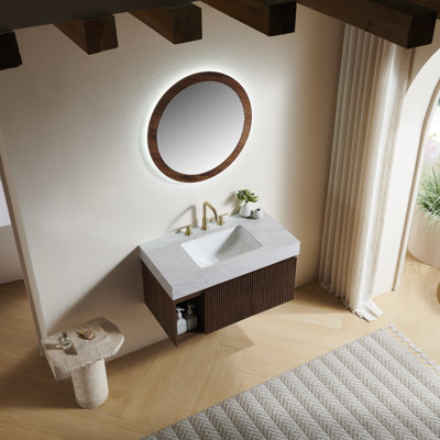 Meuble-lavabo de salle de bain 36 po EIDEN, meuble de rangement flottant, plateau en pierre frittée de couleur gris Carrara et lavabo en céramique avec 3 trous de robinet pré-percés, démontés, sans robinet et ensemble de drain, couleur grain de bois noyer