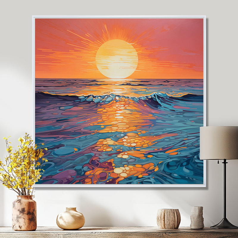 Golden Sunset Reflections Of Calm Ocean Blue Waves - Sunset, impression d'art mural, Toile encadrée flottée blanche