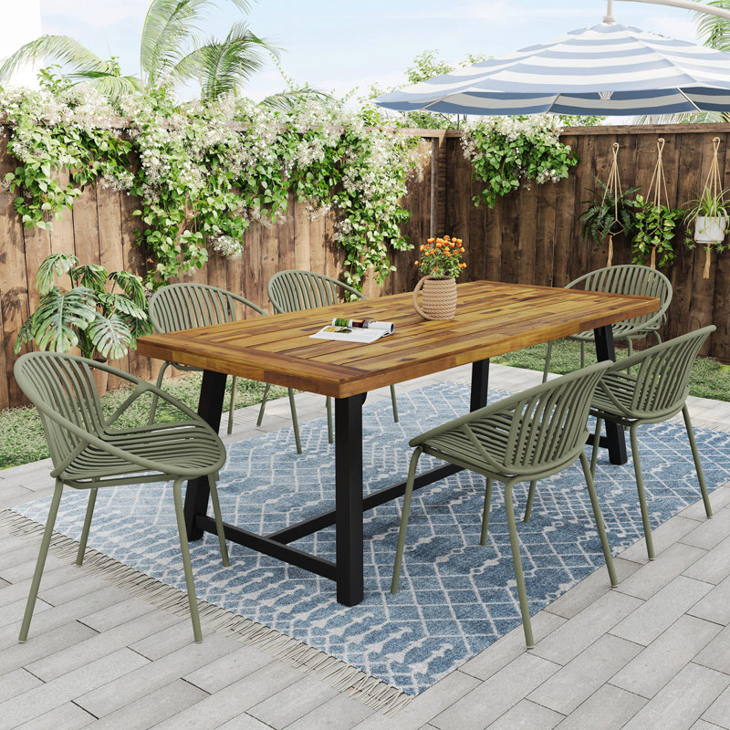 Ensemble de salle à manger d'extérieur moderne 7 pièces avec chaise empilable, vert