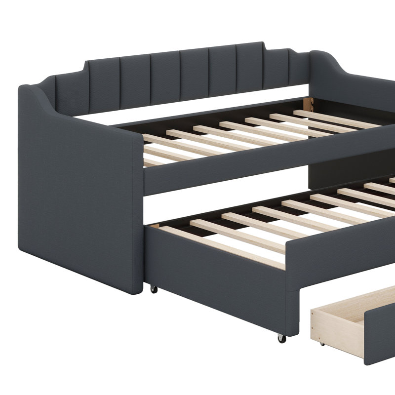 Lit de jour simple rembourré avec lit gigogne et trois tiroirs, canapé-lit, base de lit en bois avec accoudoirs inclinés, aucun sommier nécessaire