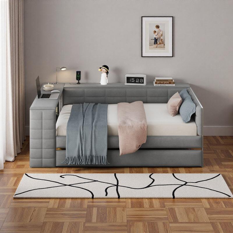 Lit plateforme double tapissier pleine grandeur avec tablettes de rangement, bureau, station de charge et lit gigogne, Gris