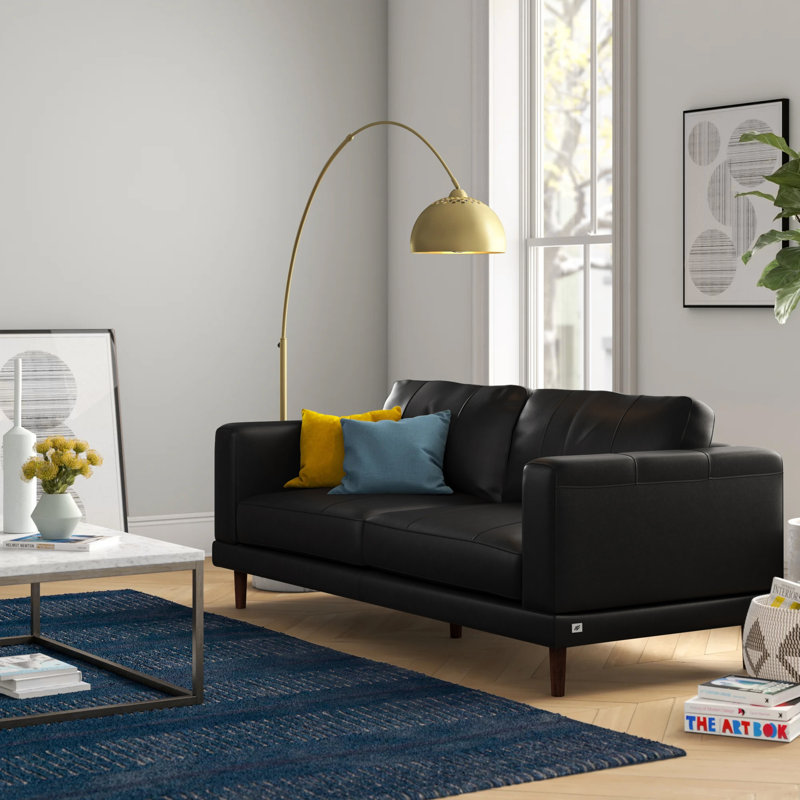 Canapé à accoudoirs carrés en cuir véritable 84 po avec coussins réversibles Fulks, Cuir véritable noir