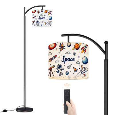 Arc Floor Lamp Hand drawn space doodles sketchy style rocket astronaut spaceman milky Floor Lamps with Remote LED Lights Adjustable Lamp Shades Tall Standing Lamps for Reading Office Living Room